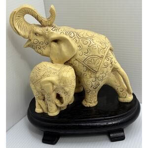 Elephant Sculpture Mother Baby Carved Resin Wooden Base Large 7.75” X 7” X 4.5”